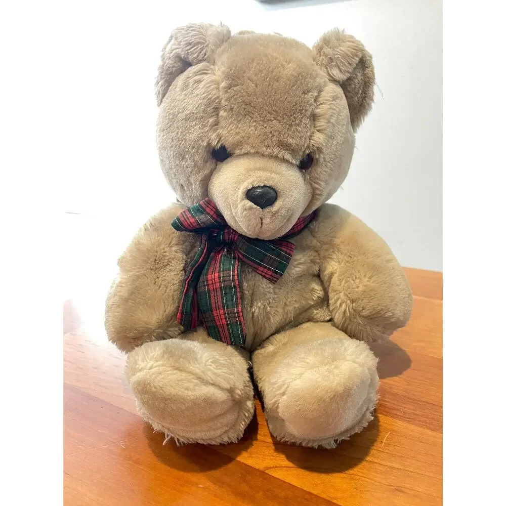 Vintage Applause Musical Wind Up Teddy Bear Plush 16” Tan Red Plaid Bow Classic